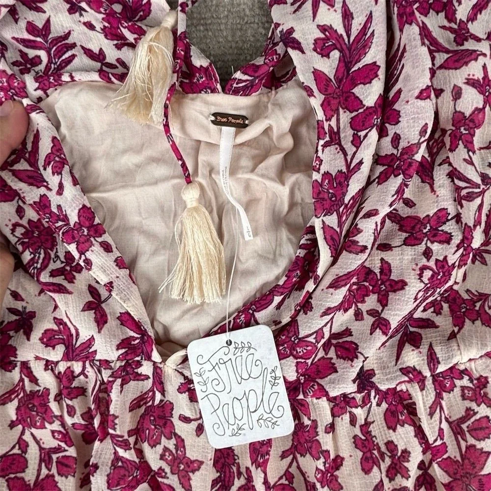 Free People Women's L Pink Floral Tie-Front‎ Midi Dress Bohemian Style